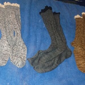 Dark Gray Ribbed Crew Socks Knit Frill Lace